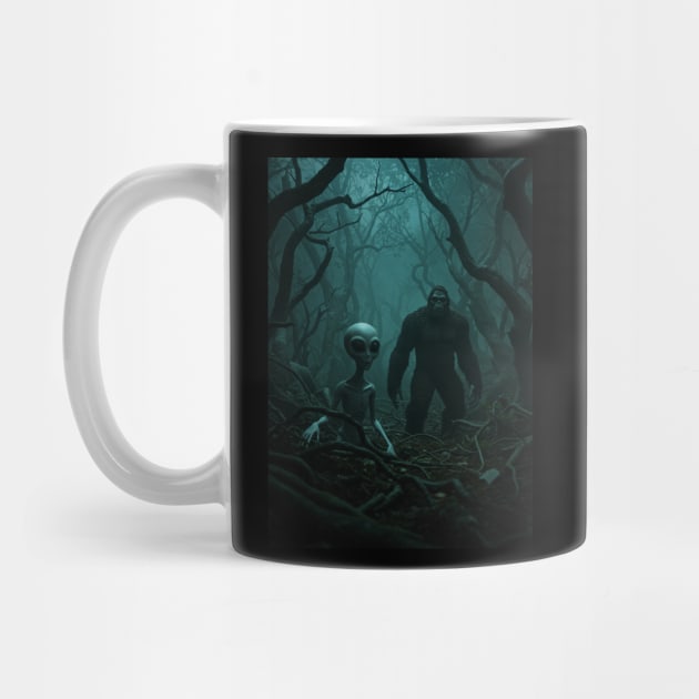 Alien and Bigfoot in an Creepy Forest by Megadorim